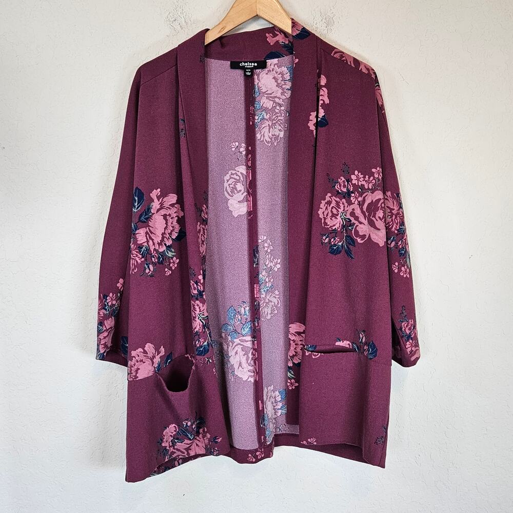 Chelsea Studio Burgundy Floral Print‎ Open Front Blazer Jacket Plus 18 20 Work